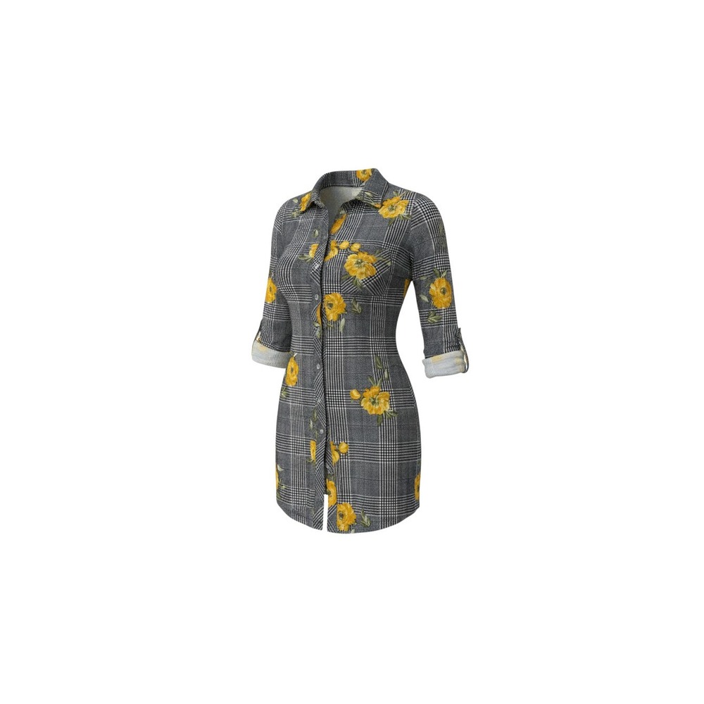 No Comment Shirt Dress Womens Large Gray Yellow Plaid Floral Roll Tab Sleeve